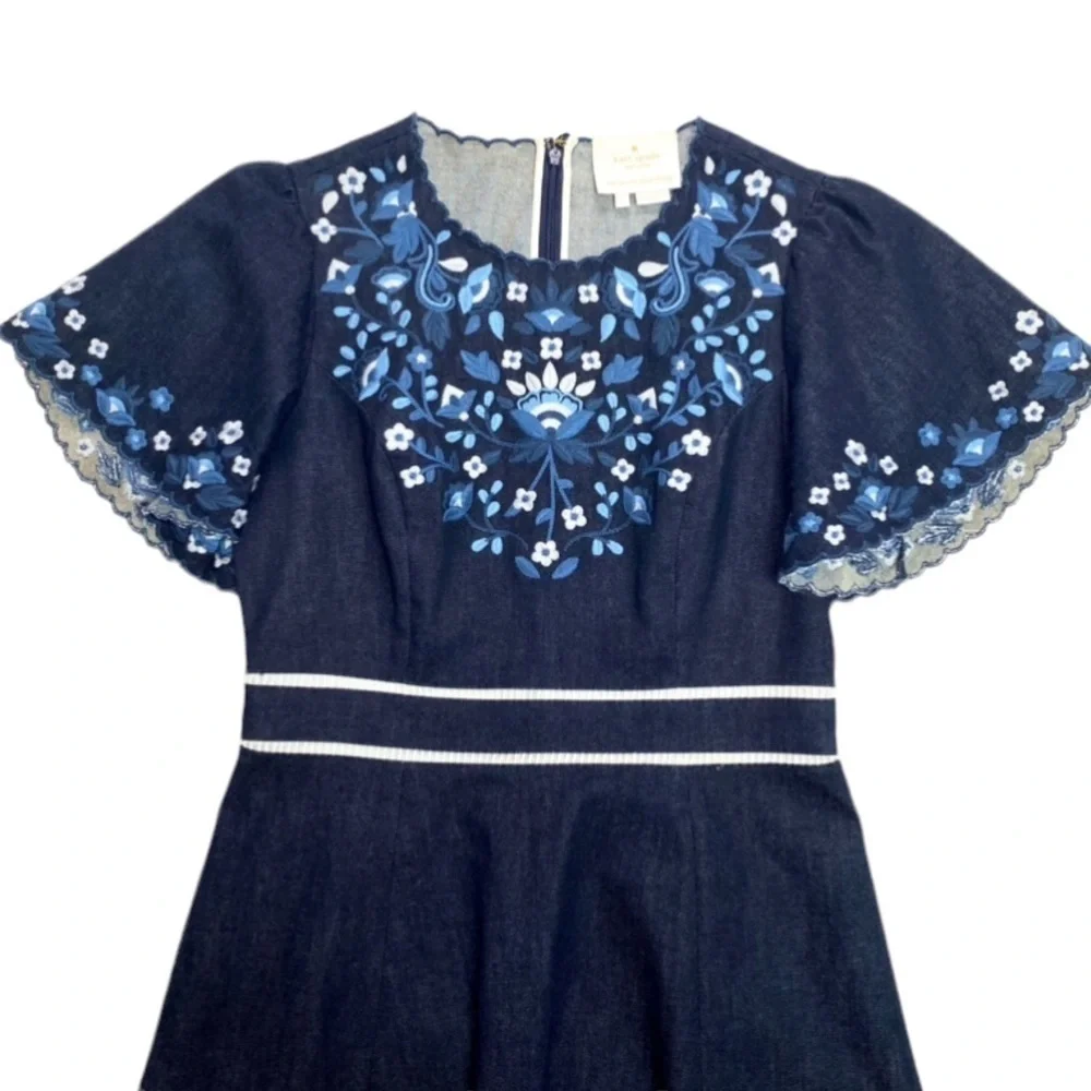 KATE Spade Rare Floral Embroidered Ruffle Short- Sleeve Denim Flare Dress